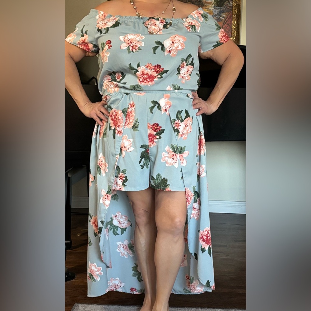 Pink Floral & blue Skort Short sleeve Dress XL